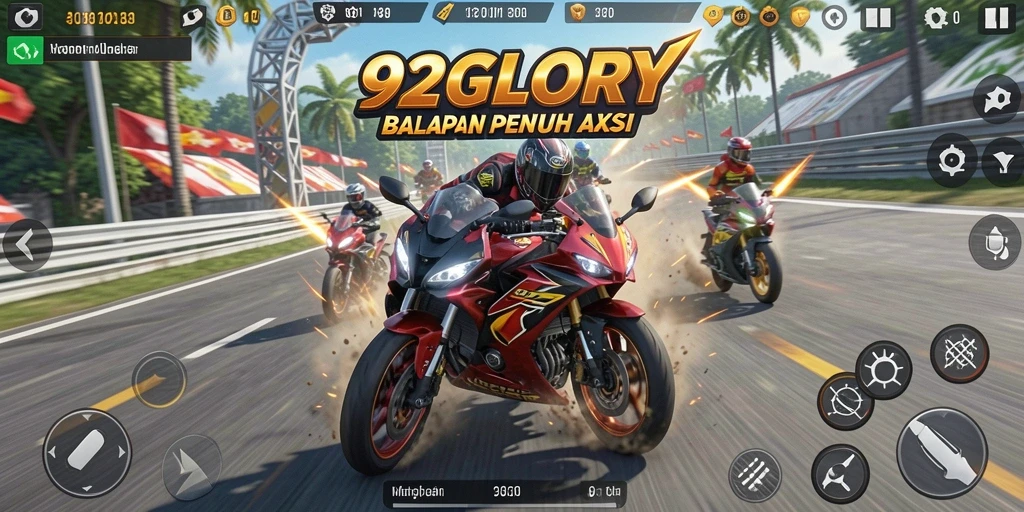 Tangkapan layar menunjukkan aksi balapan mendebarkan di 92GLORY.