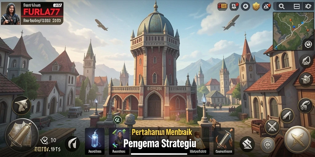 Screenshot gameplay FURLA77 menampilkan menara yang beragam dan aksi seru melawan musuh.