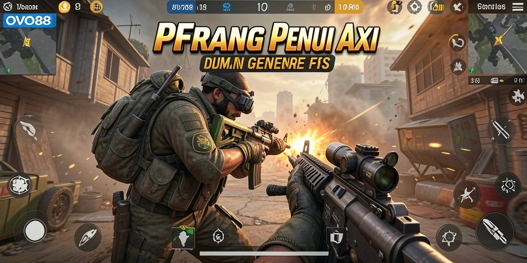 Screenshot utama OVO88 menunjukkan aksi tembak-menembak yang mendebarkan.